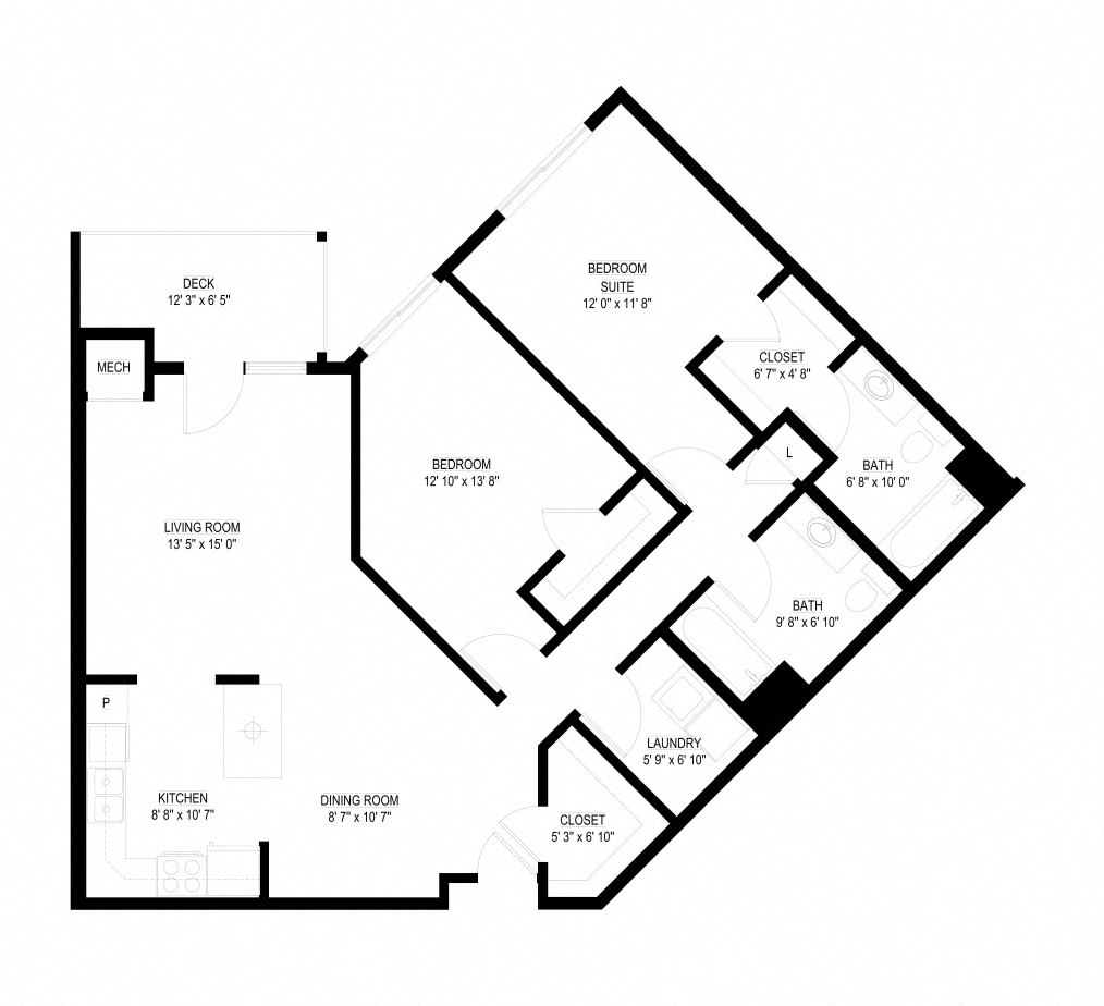 Floor plan for 2 beds, 2 baths, 1140 sqft